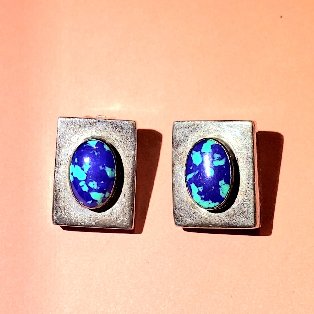16+grams 925 vintage Sterling silver azurite clip on Mexico hallmarked earrings